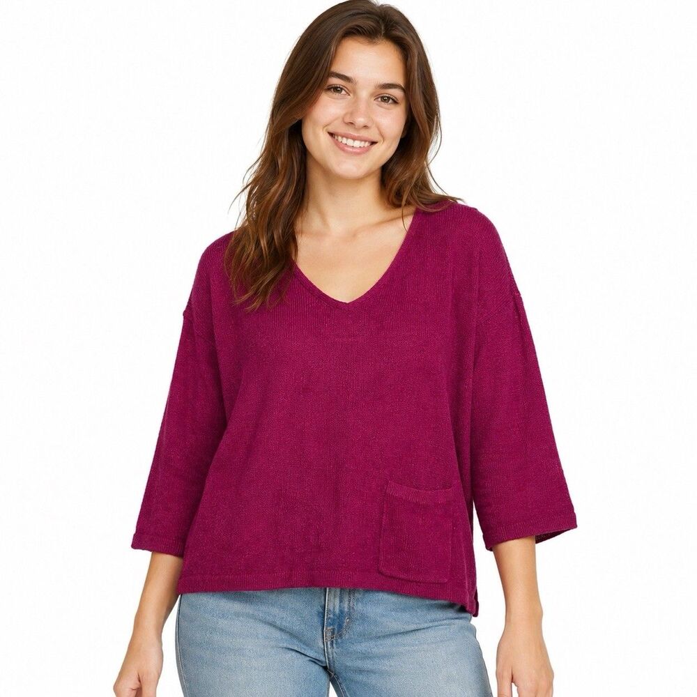 NEW J.Jill Fuchsia Pink Relaxed Fit Vneck Knit Sweater Lightweight Size M Medium